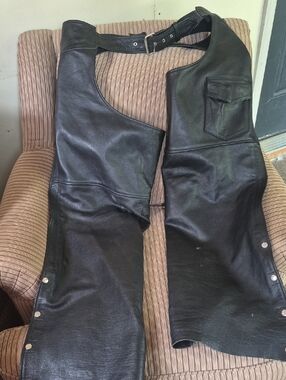 Black Leather Motorcycle Chaps with Snap Details